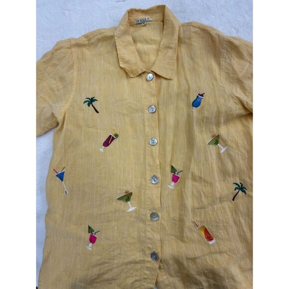 VTG Focus Medium- Yellow 100% Linen Button-Up Shirt W/ Tropical Embroidery - Picture 7 of 9